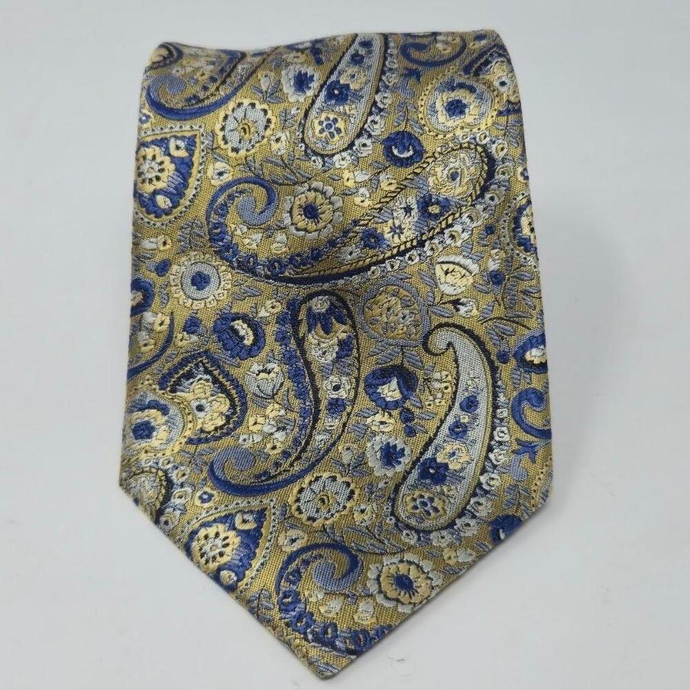 STACY ADAMS Signature Gold and Royal Blue Jacquard Paisley 100% Silk Tie
